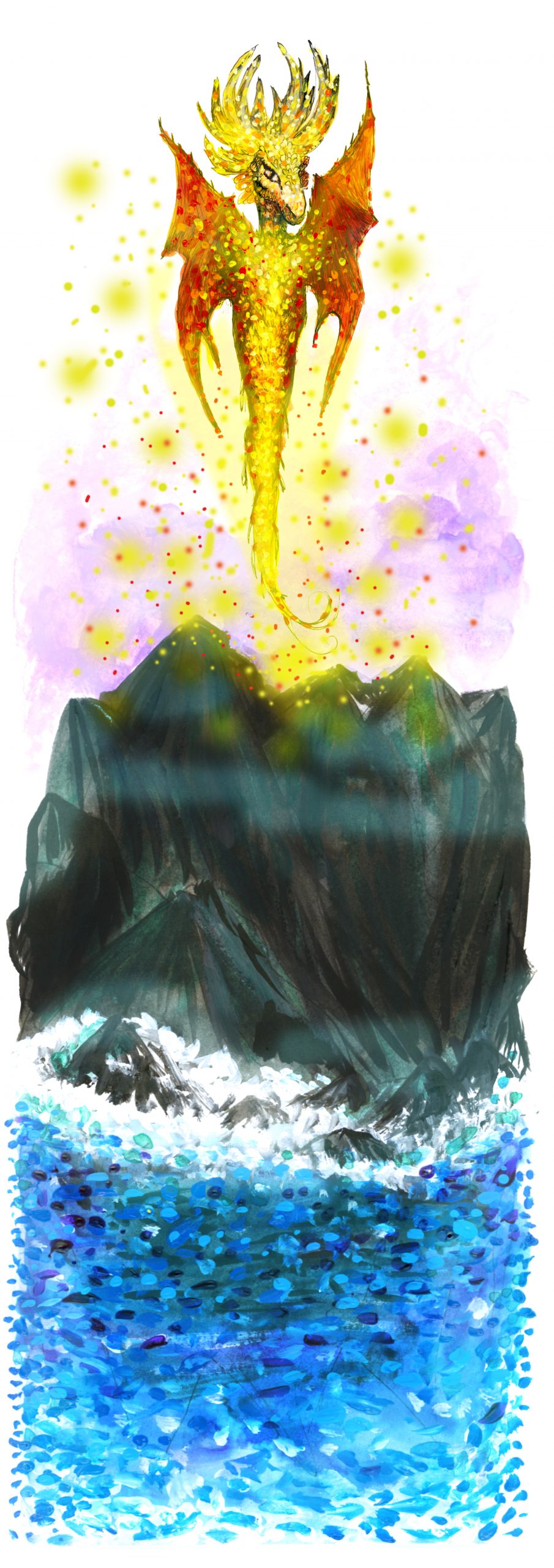 dragon hand-drawn image of a dragon, appearing out of a mountain near sea waters