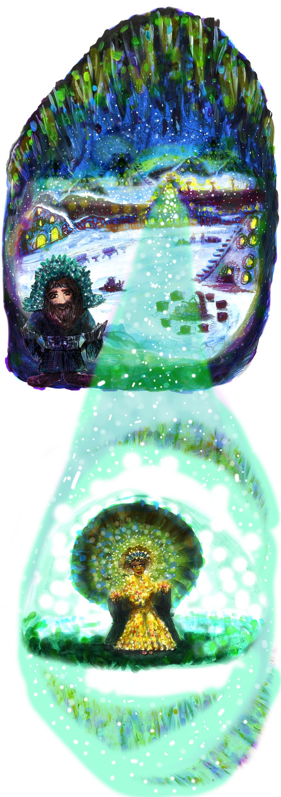 dwarves Hand-drawn image of the dwarves in a wintery setting and with a image of their queen