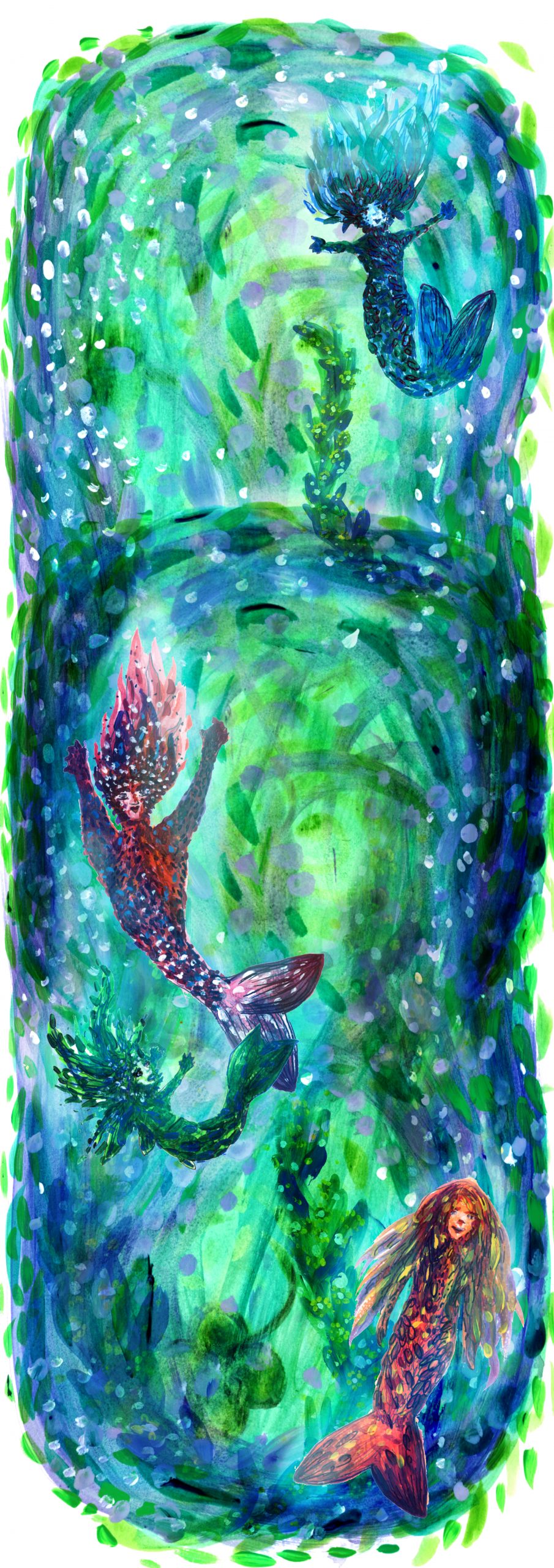 merpeople hand-drawn image of merpeople floating under the sea surrounded by kelp